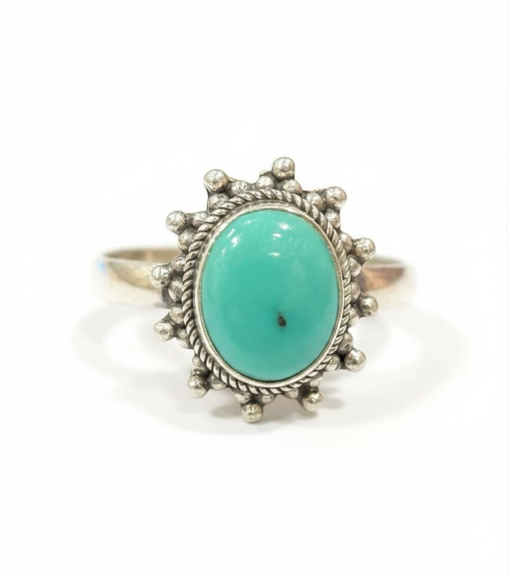 Vintage 925 Sterling Silver Green Turquoise Bezel Set Granulated Adjustable Ring